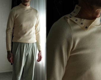 Vintage 80s THIERRY MUGLER Distressed Cream Mock Neck Sweater w/ Star Snap Asymmetrical Collar | Made in Italy | 1980s Designer Sweater