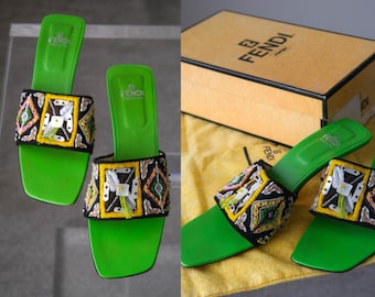 Vintage FENDI 1999 S/S 1Banded Carpet Square Toe Slide Sandals w/ Box & Dust Bag | Made in Italy | Size 9.5 | 1990s LAGERFELD Designer Shoe