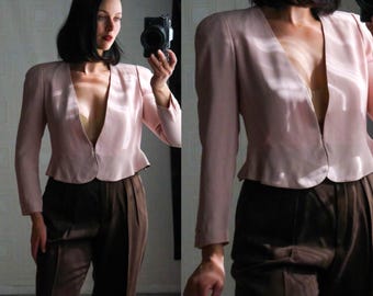 Vintage 80s SONIA RYKIEL Light Pink & Black Lettuce Peplum Cropped Power Shoulder Bolero | Made in France | 1980s French Designer Jacket