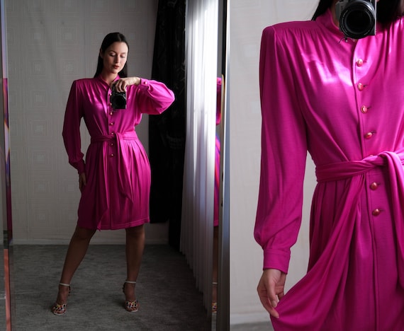 Vintage 80s Ungaro Parallele Paris Fuchsia Broad Shoulder Power Belted Dress w/ Pearlescent Buttons | Made in Italy | 1980s Designer Dress