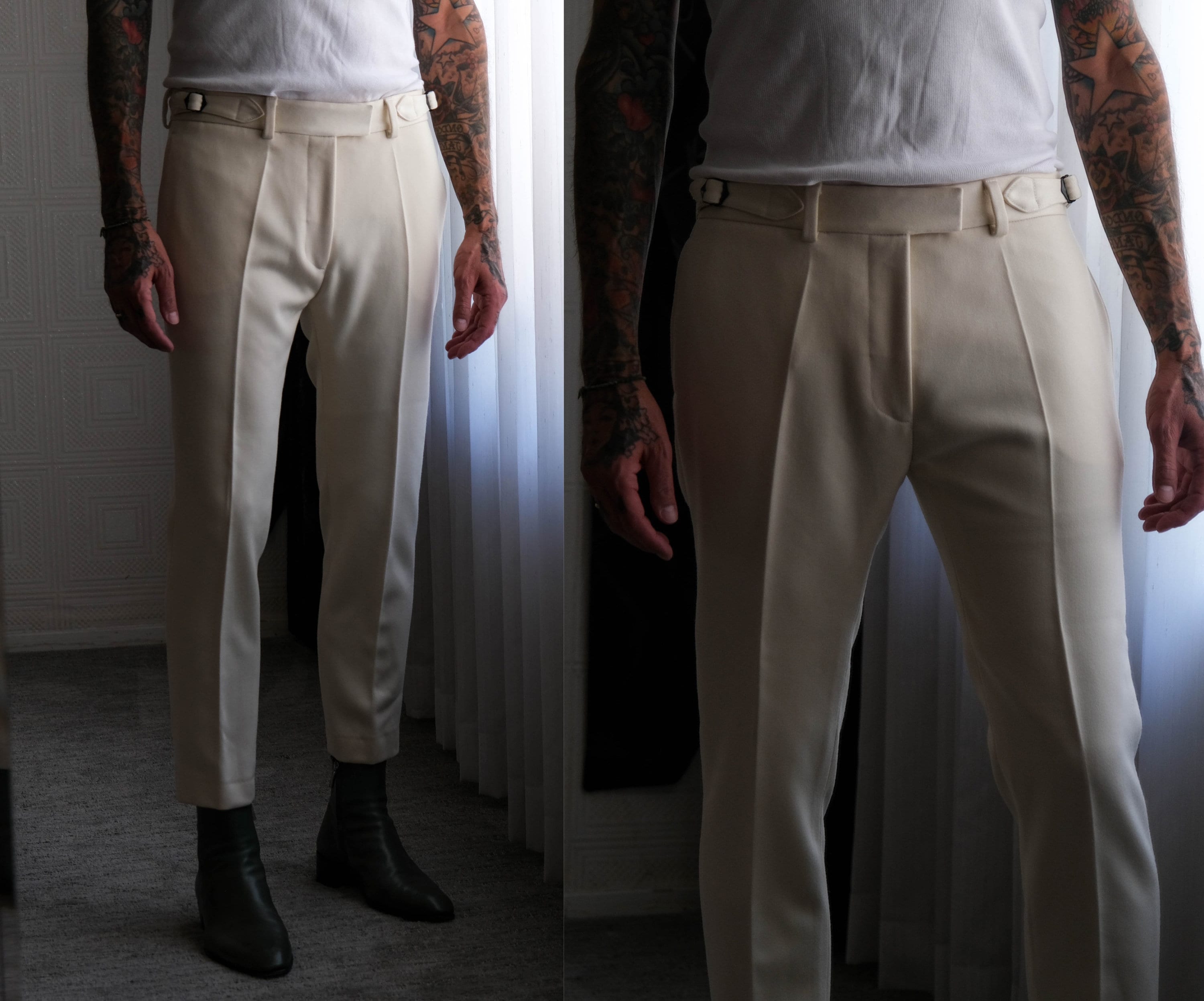 スラックス IONSEOUL Eddy Box Tuck Slacks (2color) JE939 JOSHUA KANE Bespoke Ivory Wool Tuxedo Stove Pipe Slacks W