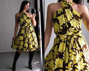 Vintage Diane Von Furstenburg Brown & Yellow Leaf Print Wrap Halter Dress Unworn w/ Original Tags | 100% Silk | Y2K 2000s DVF Designer Dress