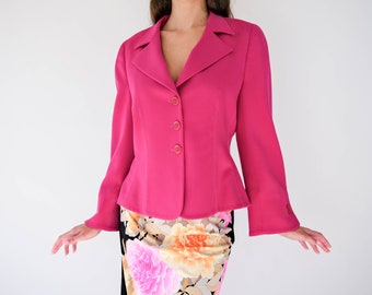 Vintage 90s Giorgio Armani Fuchsia Pink Wool Gabardine Blend Cropped Blazer | Made in Italy | 1990s Armani Designer Three Button Crop Jacket