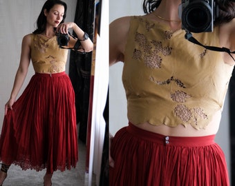 Vintage 90s Richard Tyler Couture Tan Leather Macrame Embroidered Halter Top | Made in USA | 100% Genuine Leather | 1990s Designer Blouse