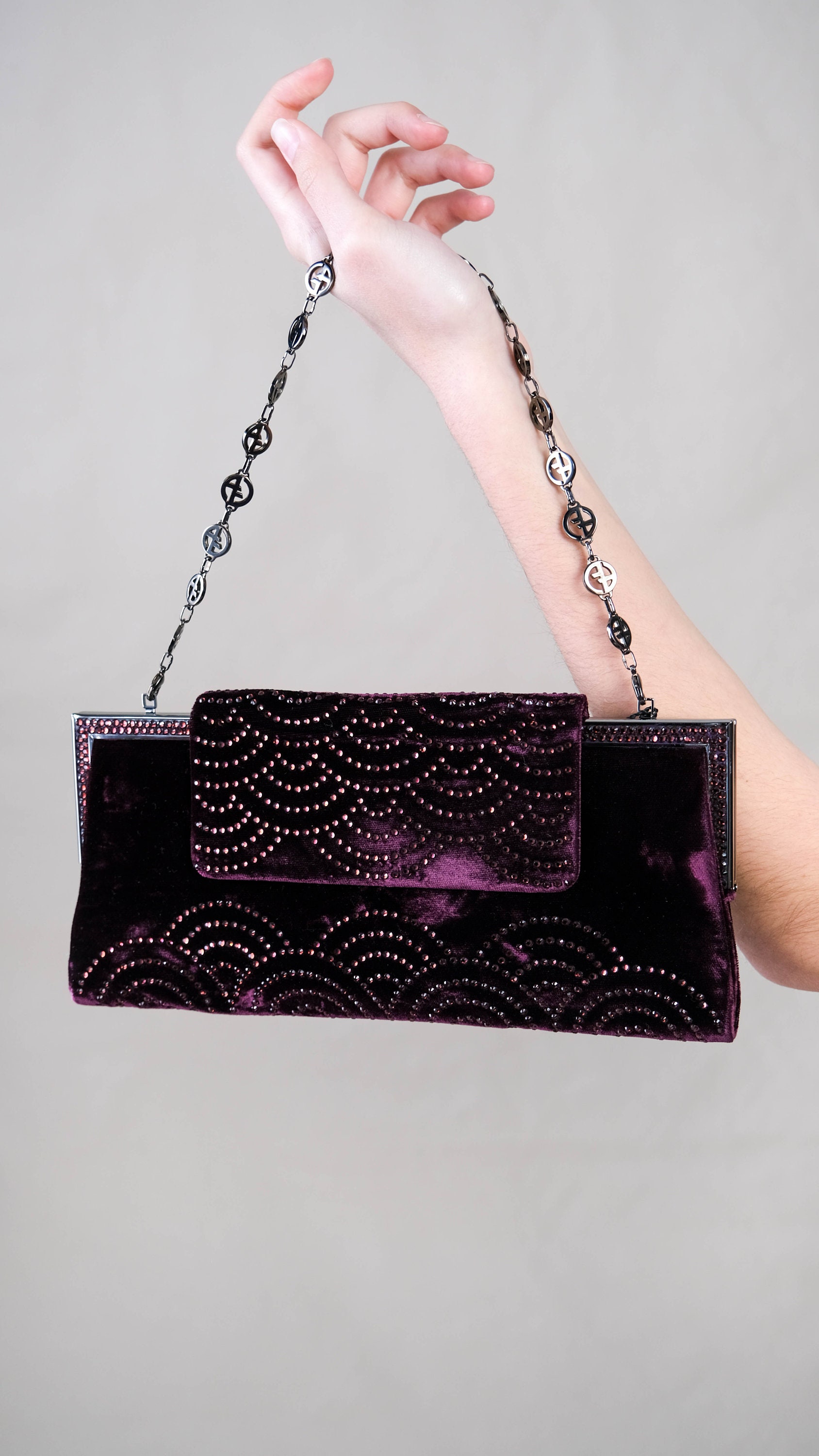 80s GIORGIO ARMANI Velvet Chain Bag チェーン GIORGIO ARMANI Merlot Velvet Art Deco Rhinestone Convertible