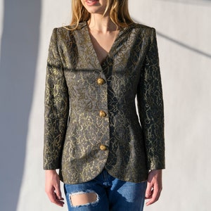 Vintage 80s Givenchy Gray & Metallic Gold Floral Brocade Broad Shoulder Blazer w/ Gold Wire Buttons Made in France 1980s Designer Jacket image 2