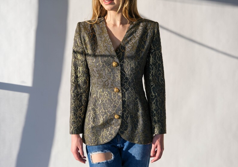 Vintage 80s Givenchy Gray & Metallic Gold Floral Brocade Broad Shoulder Blazer w/ Gold Wire Buttons Made in France 1980s Designer Jacket image 2