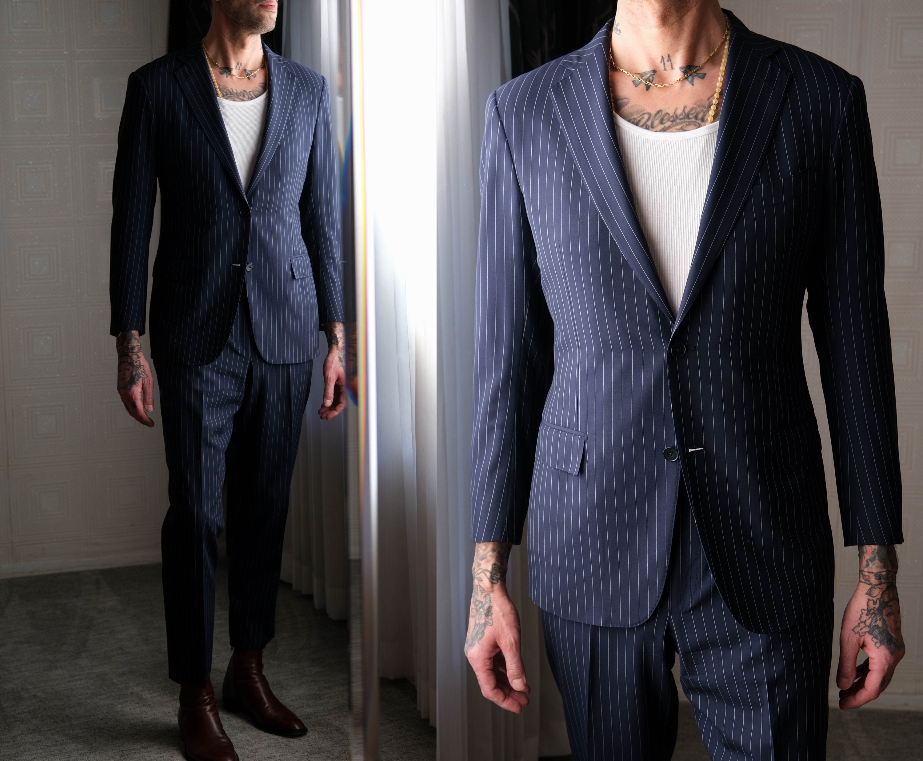 Ermenegildo Zegna Milano Navy Blue Pinstripe Wool & Silk Slim Fit