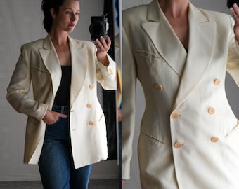 Vintage 80s IIF Linen Asymmetrical Double Lapel Snap Button