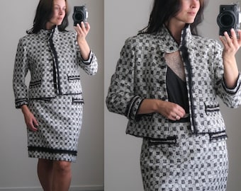 Vintage Y2K Per Se Black & White Tweed Chanel Like Skirt Suit w/ Heavy Chain Trim | Two Piece Set | 2000s Carlisle Jacket Skirt Set