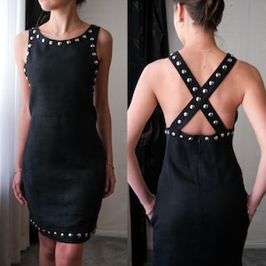 Vintage 80s ANNE KLEIN Black Linen Dress w/ Oversized Silver Stud Cross Back Straps | Made in USA | 1980s Designer Little Black Dress Dress