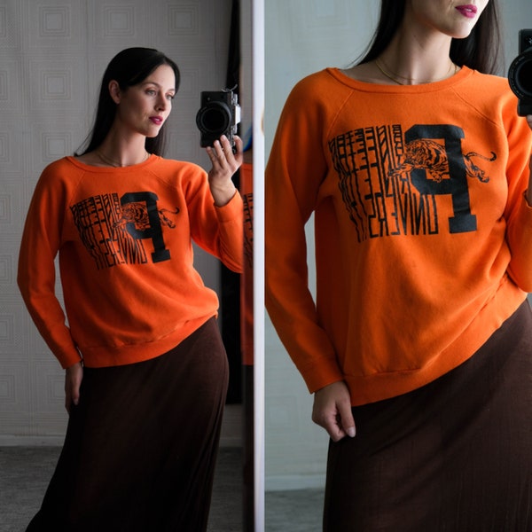 Vintage 60s Princeton University Distressed Tiger Orange Raglan Crewneck Sweatshirt | Made in USA | 1960s Norwich Brand, Super Soft Crew