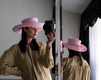 vintage 90s Eric Javits Light Pink Flanged Wide Brim Sun Hat w / Grosgrain Bow | Hydrofuge, compressible | Chapeau d'été Floppy Designer des années 1990