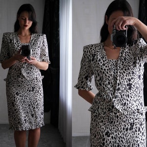 Vintage 80s VALENTINO Black & White Abstract Silk Dress w/ Attached Faux Bolero Top | Made in Italy | 100% Silk | 1980s Designer Silk Dress