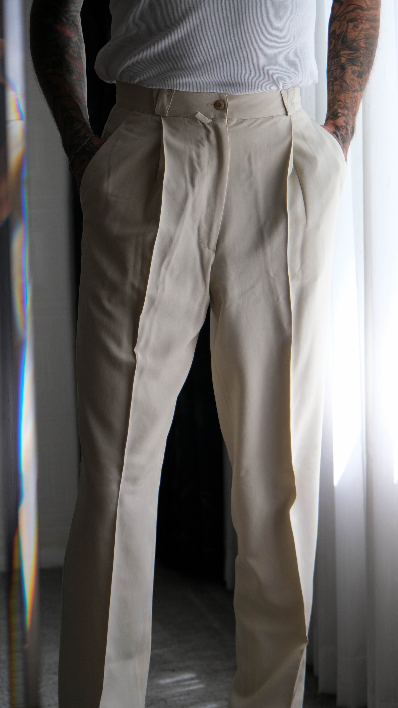 Vintage 90s Gianni Versace Light Beige Silk Pleated Tapered Leg Pants ...