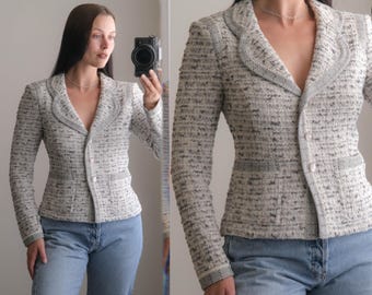 St. John Grey & White Metallic Boucle Knit Button Front Blazer w/ A Scalloped Lapel | Knit in USA | 2000s Designer Blazer Jacket