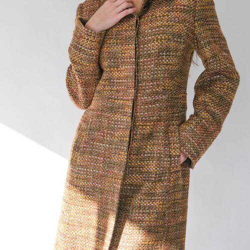Vintage 90s Marvin Richards authentic Olive Green & Pastel Boucle Wool Full Length Jacket | Bohemian, Uptown Chic | 1990s Designer Fancy Wool Overcoat