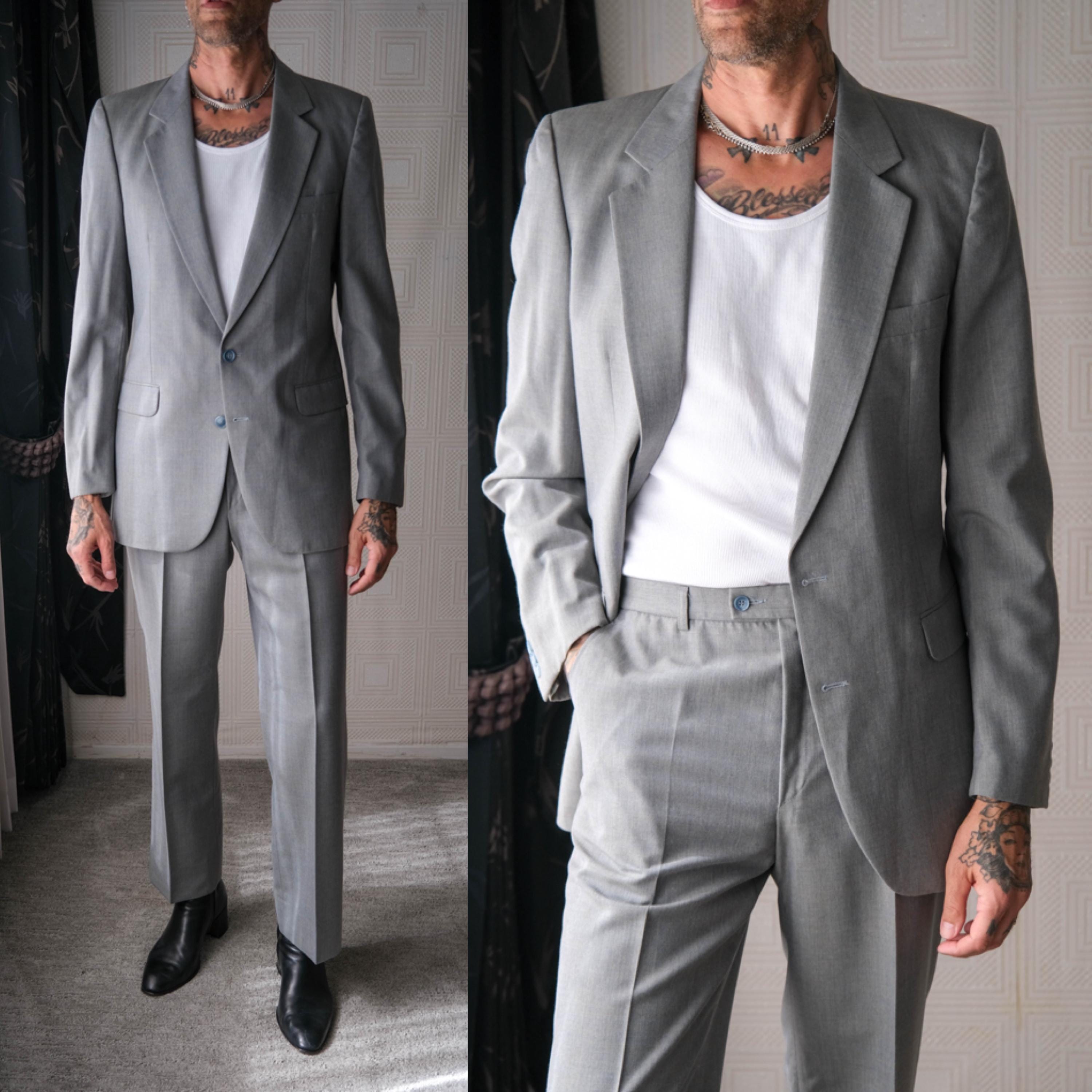 Vintage 70s Yves Saint Laurent Light Blue Gray & Tan Wool