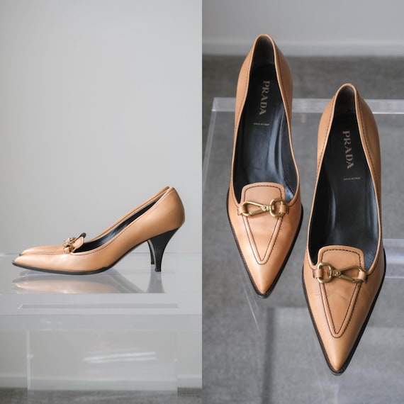 Prada, Vintage PRADA 1999 Archival Tan Leather Brass Clip Buckle Heels w/ Box & Dust Bags | Made in Italy | Size 39.5 | 1990s Y2K Designer Shoes