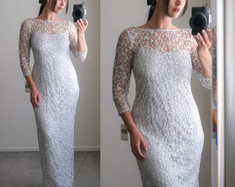 KAY UNGER NWT Formal Evening Cocktail Party Silver Sequined Net Sleek Overlay Dress w/ Champagne Satin Slip | 2000s Designer Evening Dress