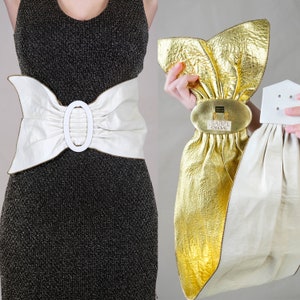 Vintage 1980s Isabel Canovas Pearlescent Gold & White Wide Bow Belt | Made in France | 1980s Designer Couture French Oversized Belt