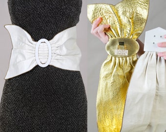 Vintage 1980s Isabel Canovas Pearlescent Gold & White Wide Bow Belt | Made in France | 1980s Designer Couture French Oversized Belt
