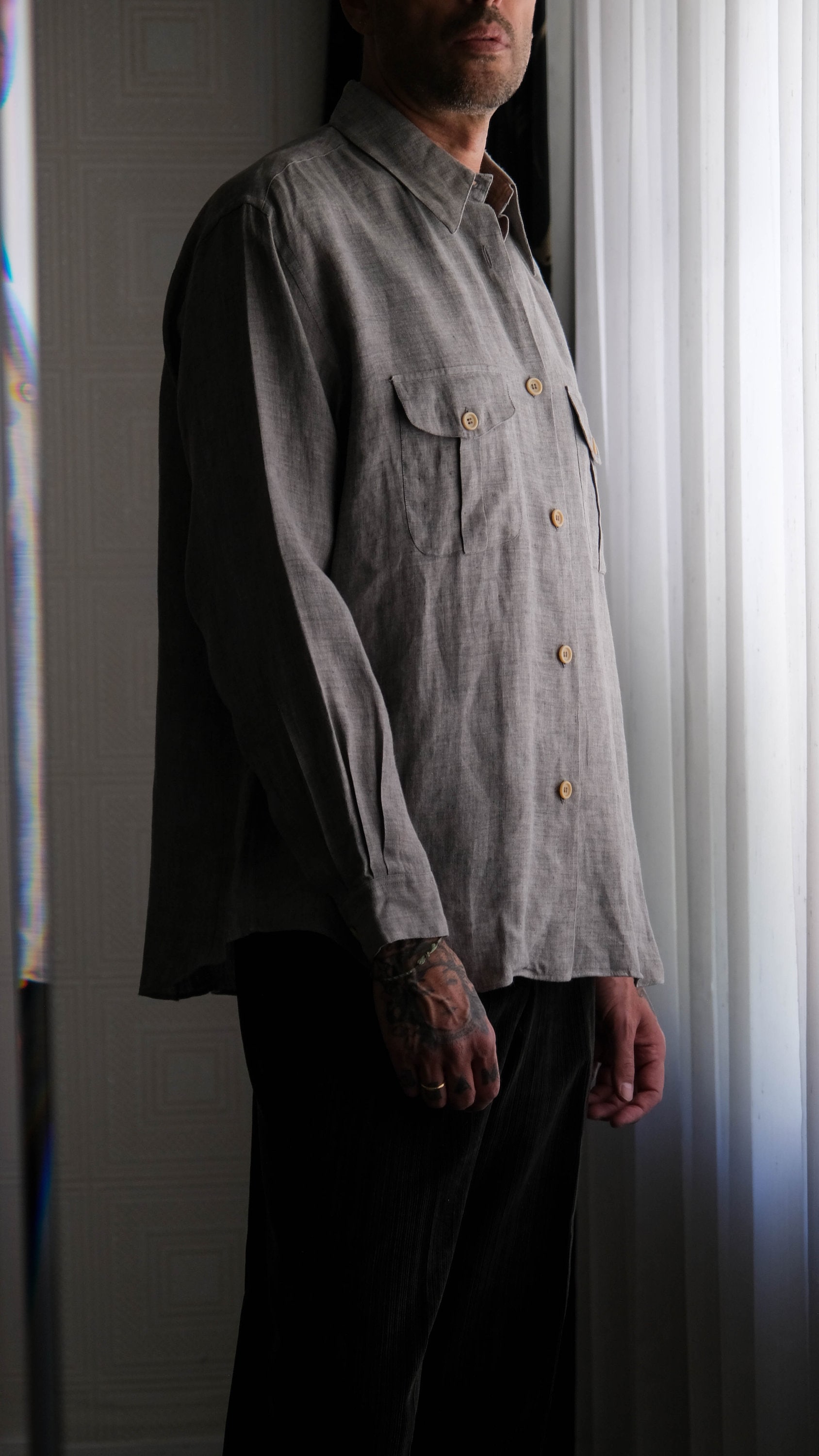 Vintage 80s Giorgio Armani Le Collezioni Light Gray Linen Shirt W