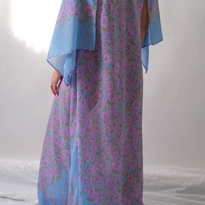 Vintage 70s Saks Fifth Ave. Sky Blue Lilac Floral Print Maxi Dress w/ Hand Rolled Fairy Sleeves Made in Italy 1970s Designer Boho Dress image 9