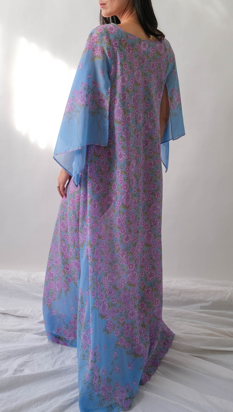 Vintage 70s Saks Fifth Ave. Sky Blue Lilac Floral Print Maxi Dress w/ Hand Rolled Fairy Sleeves Made in Italy 1970s Designer Boho Dress image 9