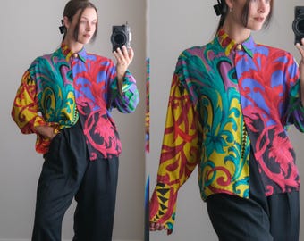 Vintage 1991 GIANNI VERSACE Iconic Runway Baroque Print Silk Button Front Blouse | Made In ITALY  | 100% Silk | 1990s 90s Designer Blouse