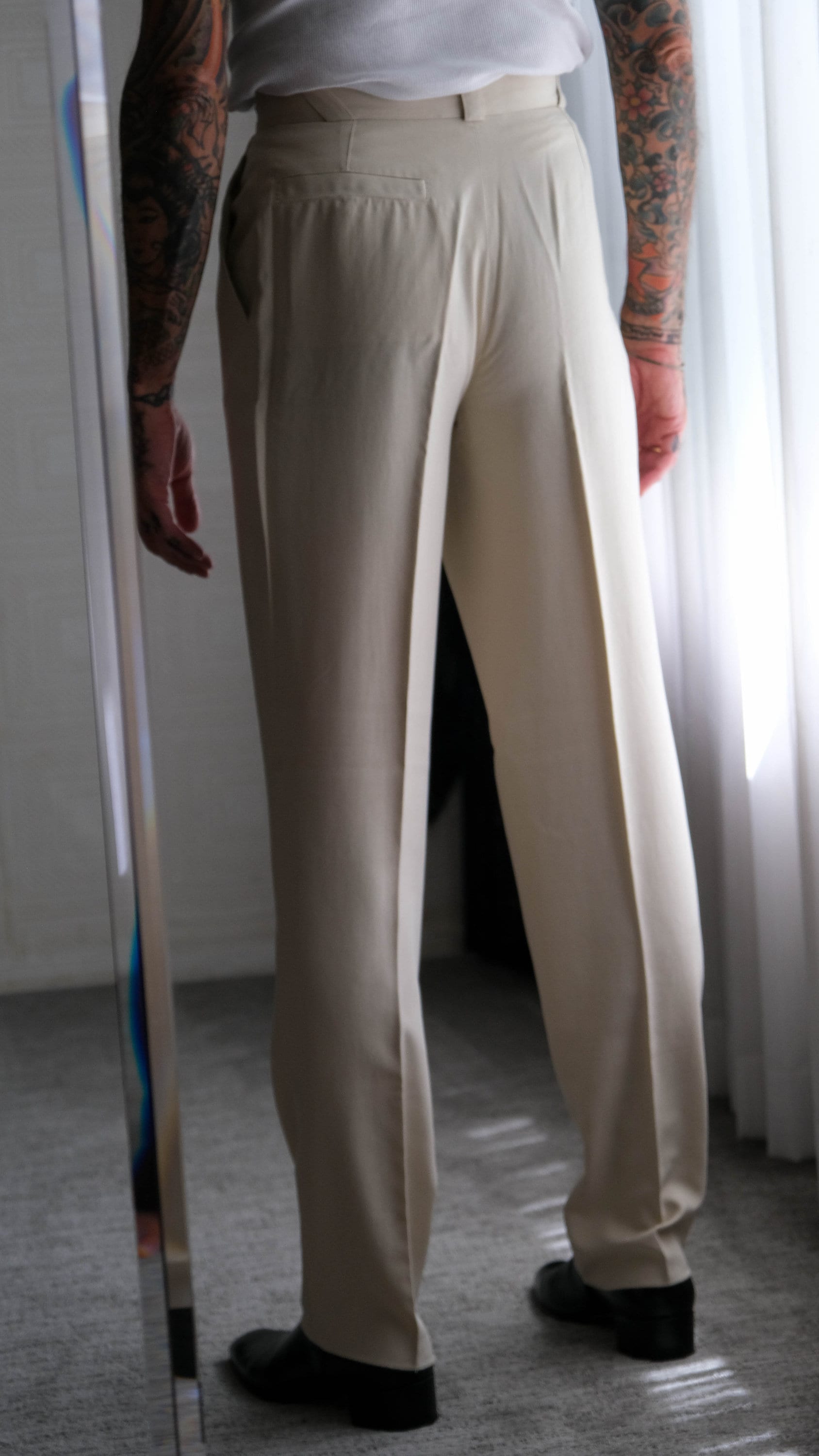 Vintage 90s Gianni Versace Light Beige Silk Pleated Tapered Leg Pants ...