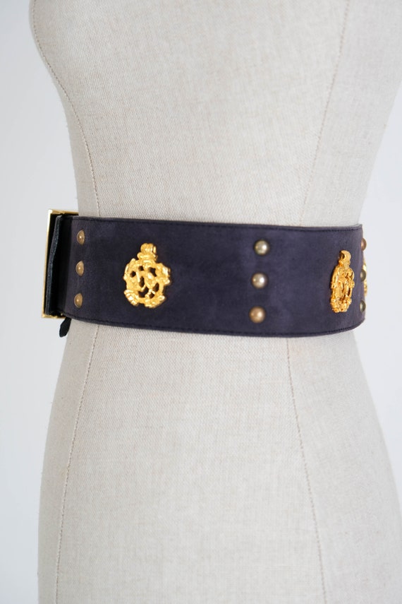 Vintage 80s ESCADA Navy Blue Suede Belt w/ Gold C… - image 3