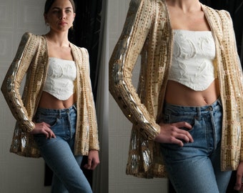 Vintage 70s BILL GIBB LONDON Heavily Embroidered & Metallic Sequined Silk Lined Jacket w/ Smokey Jeweled Buttons | 1970s Designer Jacket