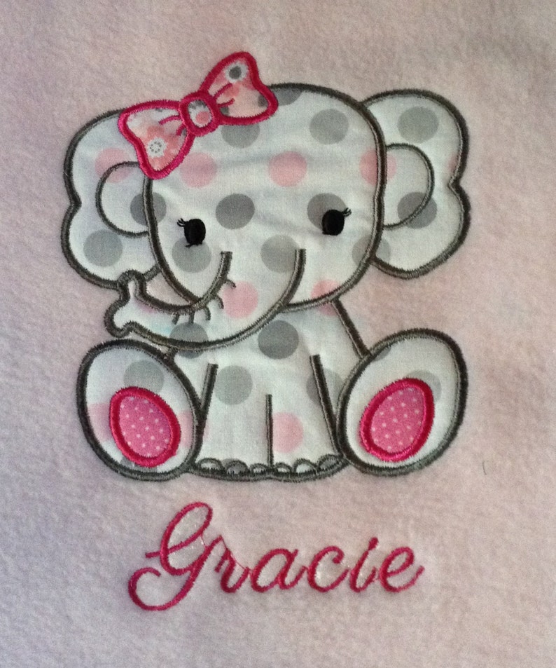 Pink Fleece Baby Blanket with Elephant Applique and Elephant Print Flannel Back