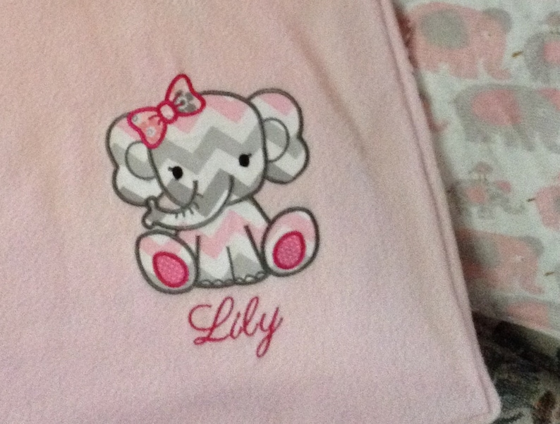 Pink Fleece Baby Blanket with Elephant Applique and Elephant Print Flannel Back
