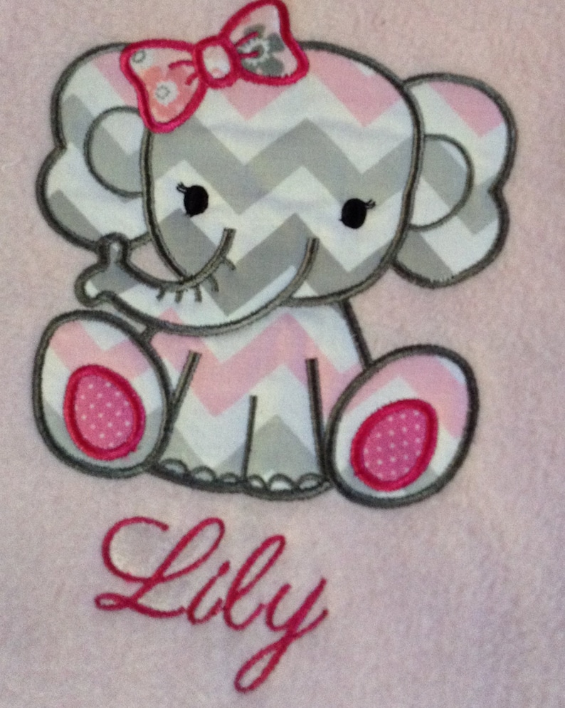 Pink Fleece Baby Blanket with Elephant Applique and Elephant Print Flannel Back