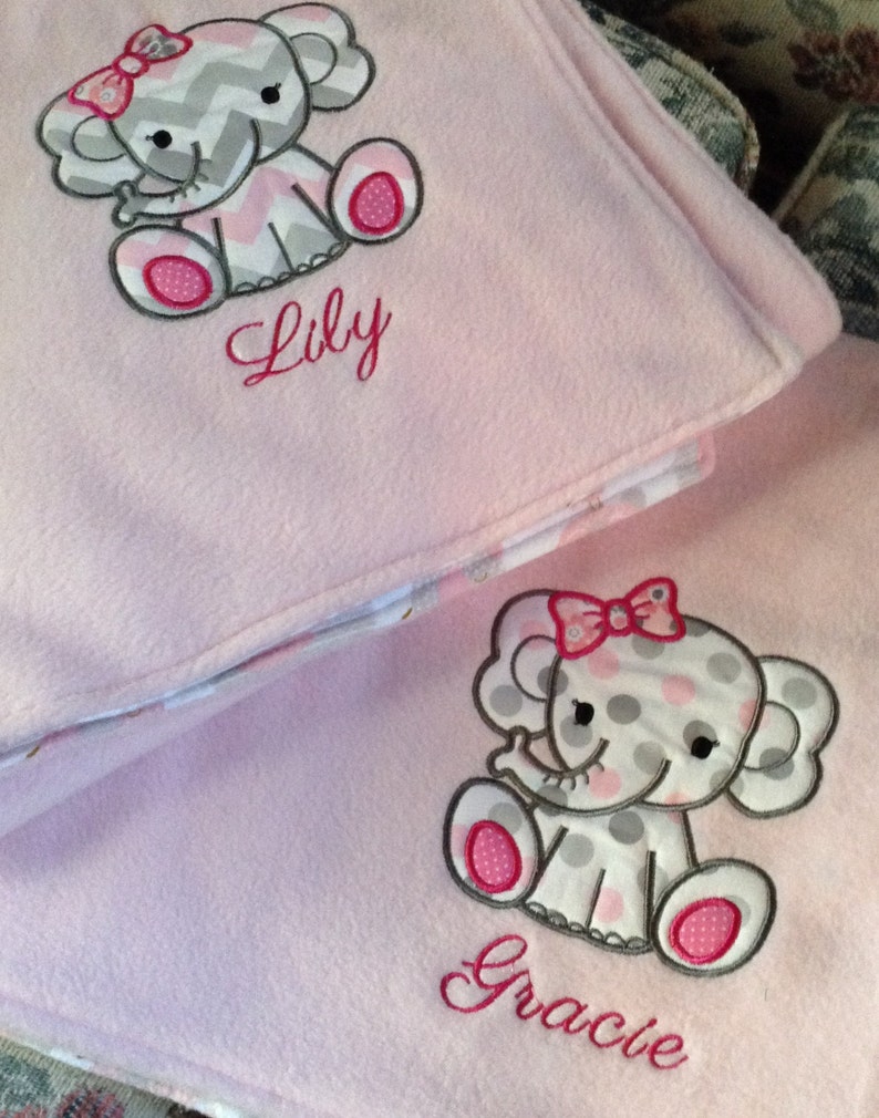 Pink Fleece Baby Blanket with Elephant Applique and Elephant Print Flannel Back