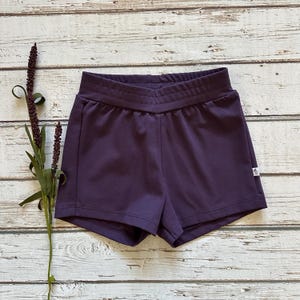 Puede incluir: Pantalones cortos morados oscuros de tejido suave, con cintura ancha y una pequeña etiqueta blanca. Se muestran sobre una superficie de madera clara. Adecuados para actividades informales y deportivas.