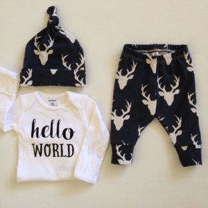 Oh Deers/Midnight Blue/Infant Leggings and Top Knot Hat/Newborn Outfit/Bring Home Outfit/Toddler Leggings