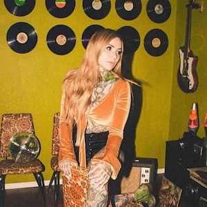 Velvet Crop Top with Front Tie Bell Sleeves Mustard Yellow Gold