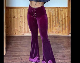 Lace Up Velvet Flares, Bell Bottoms, High Waist, High Rise, Made to Order, Purple, Solid Velvet, Flare Pants, Festival Clothing, Retro Pants