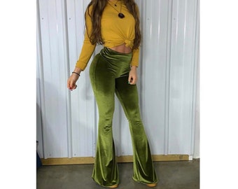 Verde terciopelo Bell Bottoms, ropa de fiesta, terciopelo llamaradas, Hippie, Boho, oliva, aguacate,