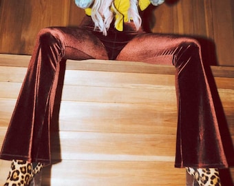 Pantalones acampanados de terciopelo de cobre, ropa de festival de bengalas de cintura alta, pantalones de terciopelo sólido verde oscuro, ropa de Festival Hippie de cintura alta