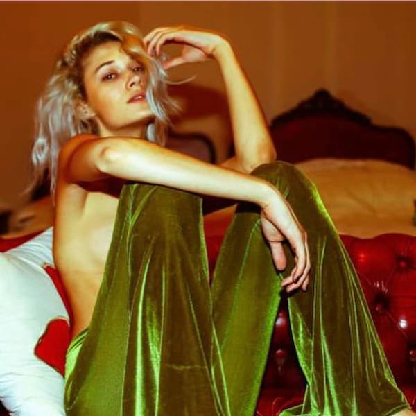 Velvet Bell Bottoms, Flares,Festival Clothing, yoga Pants, Hippie, Boho, Flare Pants, Leggings, Green, Olive, Festival Wear,