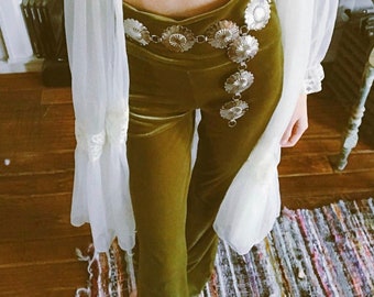 Velvet Bell Bottoms,Festival Clothing, Velvet Flares, Hippie, Boho, Olive, Avocado, Green