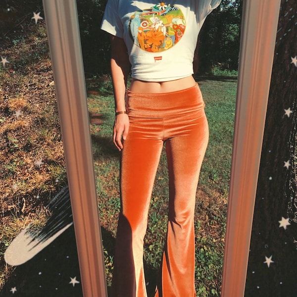 Velvet Bell Bottoms High Waist Flares Festival Clothing Dark Green Solid Velvet Stretchy Pants Hippie Boho Festival Wear Tight High Rise