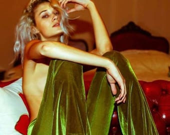 Pantalones de campana de terciopelo, bengalas, ropa de festival, pantalones de yoga, hippie, boho, pantalones de bengala, leggings, verde, oliva, ropa de festival,