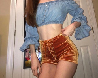 Solid Velvet Lace Up Shorts