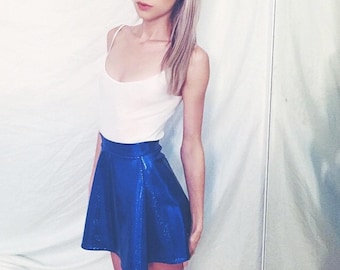 Blue Holographic Circle Skirt Festival Clothing, Blue Mini skirt, Sparkley High Waist Skirt