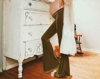 Velvet Bell Bottoms, Ropa de Festival, Flares de Terciopelo, Hippie, Boho, Oliva, Aguacate, Verde